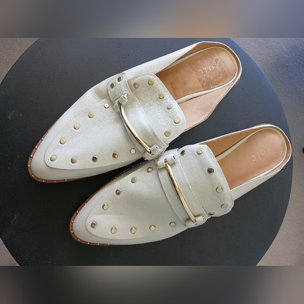 New-Joie Leather Cream Mules with Gold Studs